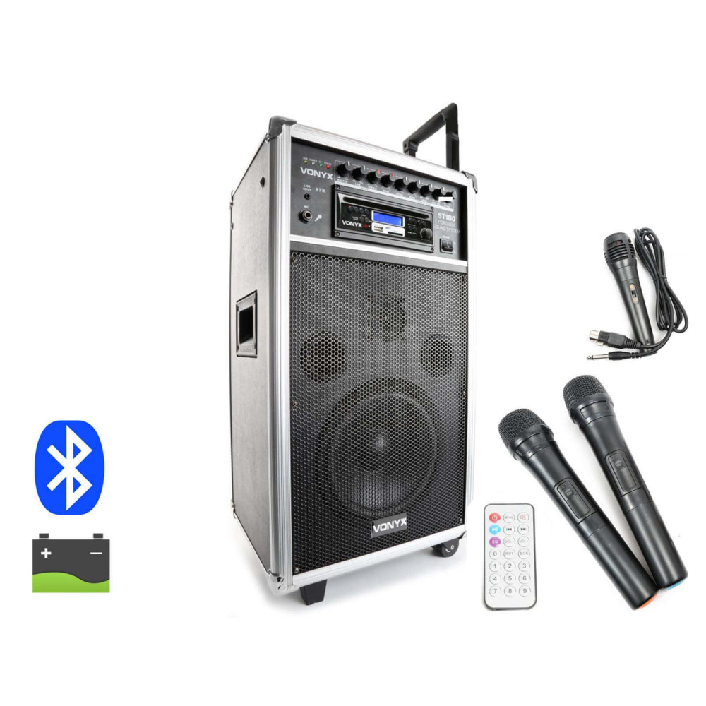 Vonyx ST-100 MK2 (8") 250W akkumulátoros hordozható hangfal (3xMik + MP3 + Bluetooth+ CD+ FM)