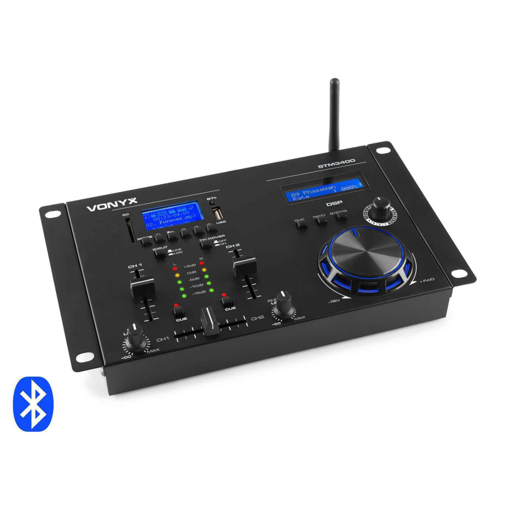 Vonyx STM-3400 2+1 csatornás, DSP effektes DJ keverő, Jog tárcsa + BLUETOOTH