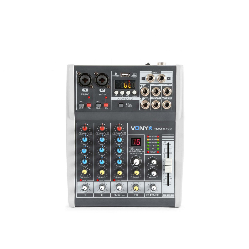 Vonyx VMM-K402 - 4 csatornás zenekari keverő, Bluetooth + Effekt + REC felvétel