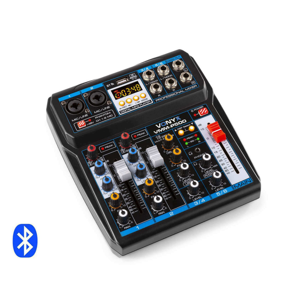 Vonyx VMM-P500, 4 csatornás zenekari keverő, USB, Bluetooth, DSP Effekt, REC felvétel