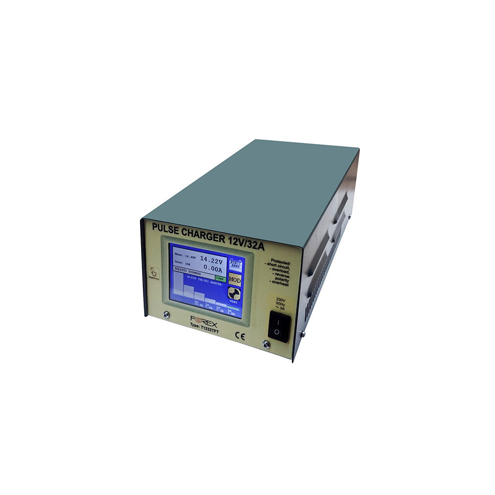 Forex T1232TFT_SPEC  Akkumulátortöltő 12V/32A, érintőképernyős, leválasztható kimenettel és 3 m-es töltővezetékkel