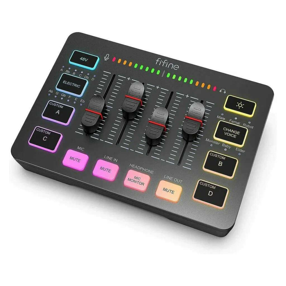 Fifine KS3 4 csatornás keverő, külső hangkártya, audió interfész + EFFEKT + dinamikus mikrofon [XLR]