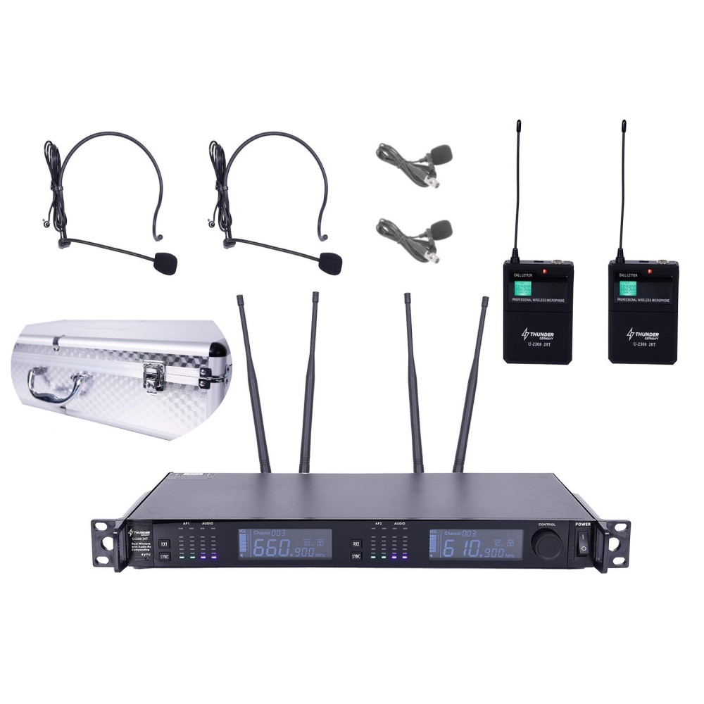 Thunder U-2308 2HT UHF professzionális rádiós mikrofon (2 db CSÍPTETŐS + 2 db FEJ mikrofon) + Koffer